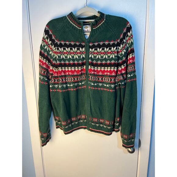 Tiara Int Cardigan Ugly Christmas Sweater XL Green Fair Isle Granny Core - Picture 1 of 5